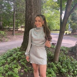 Satin High-Neck Long-Sleeve Mini Dress